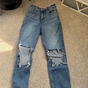American Eagle Outfitters Blue Straight Leg Jeans with Distressed Knees